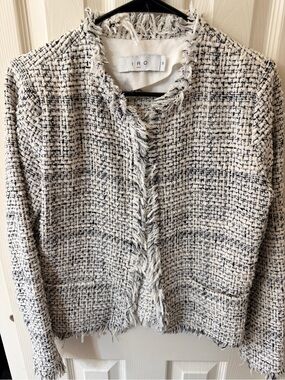 IRO Black and Cream Tweed Frayed-Trim Blazer Jacket